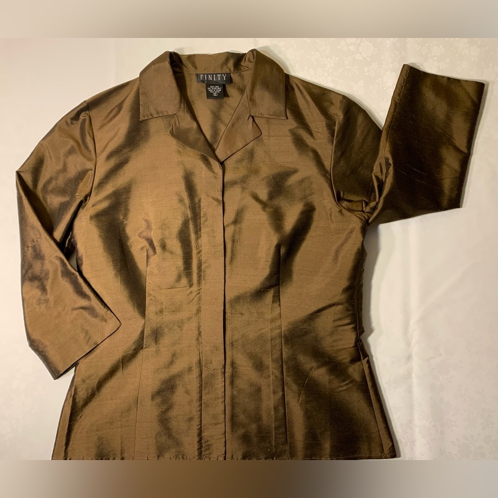 EUC Silk Top: "Shacket" - Shirt/Jacket, Shimmery Bronze, Button-Down w Placket - Picture 5 of 11